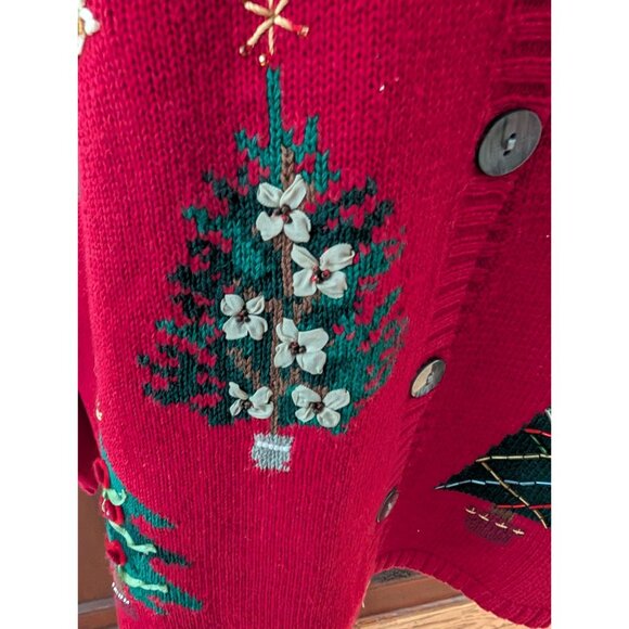 Vintage Talbots Red Christmas Cardigan Sweater Embroidered Trees Beaded Womens M - Picture 4 of 11